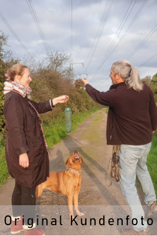 Foto zeigt Hund beim Dummytraining. Der Hundetrainer erklärt der Halterin den Ablauf.